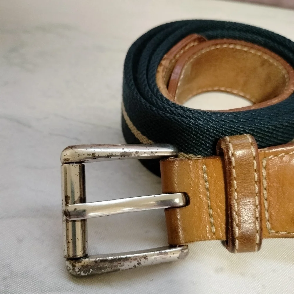 VINTAGE LL BEAN CANVAS LEATHER BELT ( MENS Sz 38) NAVY KHAKI STRIPED